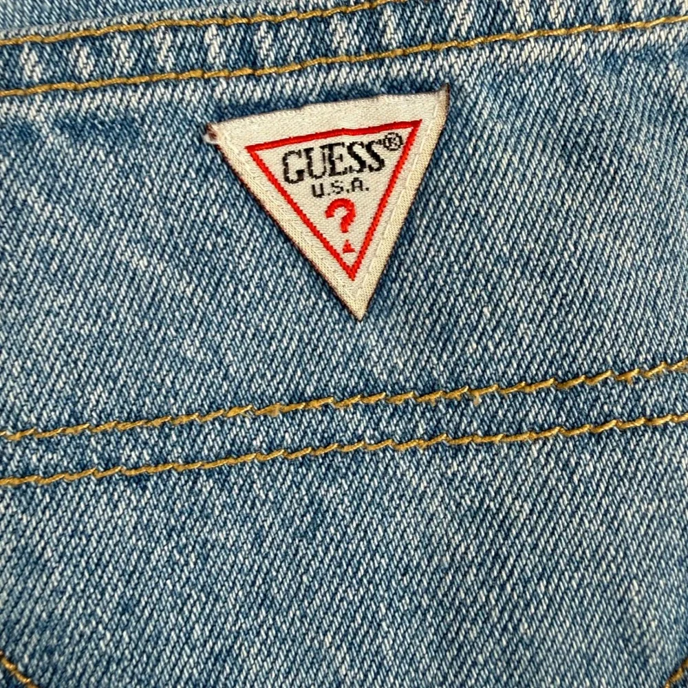 Vintage 90s Guess Baby 18M Denim Shortalls Overalls Triangle Logo Snap Crotch